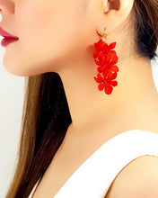 Load image into Gallery viewer, 10% OFF- 2 pcs Certified Natural Jadeite Emerald A*Jade HandCarved A Pair of 18K Gold Plated  Red Flower Jade Drop Earrings EG7697R