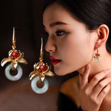 Load image into Gallery viewer, 10% OFF- 2 pcs Certified Natural Jadeite Emerald A*Jade HandCarved A Pair of Beautiful Elegant Ethnic Yellow Gold Tone Red Jade Earrings