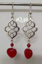 Load image into Gallery viewer, 10% OFF- 2 pcs Certified Natural Jadeite Emerald A*Jade HandCarved A Pair of Red Jade Heart LOVE Dangle 925 Stamped S. Silver Hook Earrings