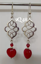 Load image into Gallery viewer, 10% OFF- 2 pcs Certified Natural Jadeite Emerald A*Jade HandCarved A Pair of Red Jade Heart LOVE Dangle 925 Stamped S. Silver Hook Earrings