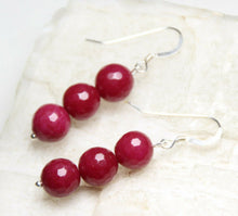 Load image into Gallery viewer, 10% OFF- 2 pcs Certified Natural Jadeite Emerald A*Jade HandCarved A Pair of Ruby Red Jade 8mm Earrings .925 Sterling Silver Hooks 1.5"