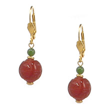 Load image into Gallery viewer, 10% OFF- 2 pcs Certified Natural Jadeite Emerald A*Jade HandCarved A Pair of Longevity Red Green Jade Leverback Drop Earrings 1.75"