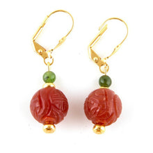 Load image into Gallery viewer, 10% OFF- 2 pcs Certified Natural Jadeite Emerald A*Jade HandCarved A Pair of Longevity Red Green Jade Leverback Drop Earrings 1.75"