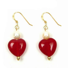 Load image into Gallery viewer, 10% OFF- 2 pcs Certified Natural Jadeite Emerald A*Jade HandCarved A Pair of White Pearl-Red Jade Heart 14K Gold Filled Hook Earrings