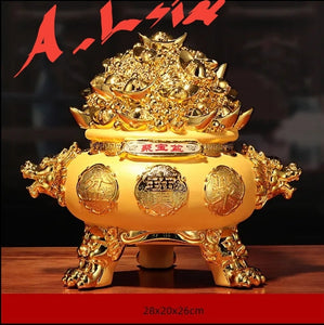 Chinese Feng Shui Good Fortune Money Gold Pot Statue Wealth Home/Office Decor Sculpture Craft Living Room TV Cabinet Fortune Ornament Housewarming Gift