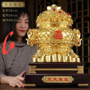 Chinese Feng Shui Good Fortune Money Gold Pot Statue Wealth Home/Office Decor Sculpture Craft Living Room TV Cabinet Fortune Ornament Housewarming Gift