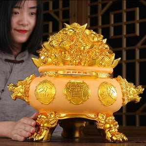 Chinese Feng Shui Good Fortune Money Gold Pot Statue Wealth Home/Office Decor Sculpture Craft Living Room TV Cabinet Fortune Ornament Housewarming Gift