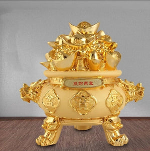 Chinese Feng Shui Good Fortune Money Gold Pot Statue Wealth Home/Office Decor Sculpture Craft Living Room TV Cabinet Fortune Ornament Housewarming Gift