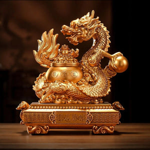 Chinese Feng Shui Good Fortune Wealth Money Gold Dragon Statue Home/Office Decor Sculpture Craft Living Room TV Cabinet Fortune Ornament Housewarming Gift