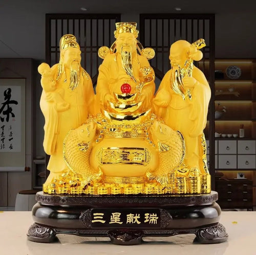 Chinese Feng Shui Good Fortune Wealth Blessing Fu Lu Shou 3 Gods Fortune Craft Statue Home/Office Decor Sculpture Craft Living Room TV Cabinet Fortune Ornament Housewarming Gift