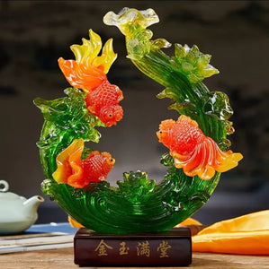 Chinese Feng Shui Lucky Money Coin Gold Fish Statue Wealth Home/Office Decor Sculpture Craft Living Room TV Cabinet Fortune Ornament Housewarming Gift