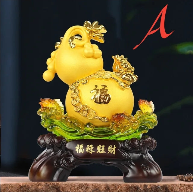 Chinese Feng Shui Lucky Money Coin Gourd Statue Wealth Home/Office Decor Sculpture Craft Living Room TV Cabinet Fortune Ornament Housewarming Gift