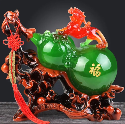 Chinese Feng Shui Lucky Money Coin Gourd Pixiu Statue Wealth Home/Office Decor Sculpture Craft Living Room TV Cabinet Fortune Ornament Housewarming Gift