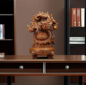 Chinese Feng Shui Wealth 360 Lucky Money Gold Pot Dragon Statue Home/Office Decor Sculpture Craft Living Room TV Cabinet Fortune Ornament Housewarming Gift