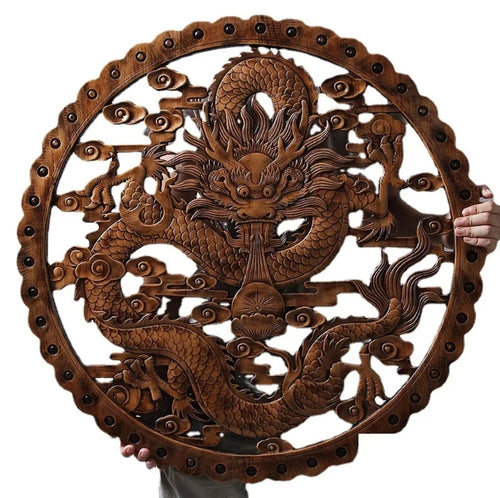 Chinese Feng Shui Good Fortune Wealth Lucky Dragon Wood Statue Hallway Wall Panel Home/Office Decor Sculpture Craft Living Room TV Cabinet Fortune Ornament Housewarming Gift