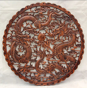 Chinese Feng Shui Good Fortune Wealth Lucky Double Dragons/ Dragon Phoenix Wood Statue Hallway Wall Panel Home/Office Decor Sculpture Craft Living Room TV Cabinet Fortune Ornament Housewarming Gift