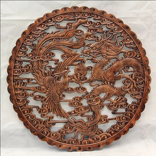 Chinese Feng Shui Good Fortune Wealth Lucky Double Dragons/ Dragon Phoenix Wood Statue Hallway Wall Panel Home/Office Decor Sculpture Craft Living Room TV Cabinet Fortune Ornament Housewarming Gift