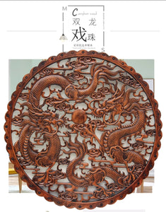 Chinese Feng Shui Good Fortune Wealth Lucky Double Dragons/ Dragon Phoenix Wood Statue Hallway Wall Panel Home/Office Decor Sculpture Craft Living Room TV Cabinet Fortune Ornament Housewarming Gift