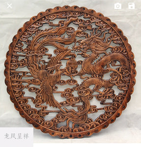 Chinese Feng Shui Good Fortune Wealth Lucky Double Dragons/ Dragon Phoenix Wood Statue Hallway Wall Panel Home/Office Decor Sculpture Craft Living Room TV Cabinet Fortune Ornament Housewarming Gift