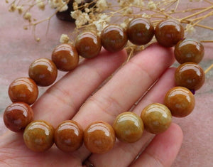 55-63mm Certified Natural Red Orange Yellow Jadeite Emerald A Jade Carved 12mm Beads Stretchy-Bracelet HL2819 with Gift Box