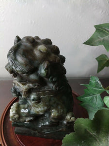 7in/177.8mm H- Chinese Vintage Genuine Natural Spinach Green Jade HandCarved Lion Statue