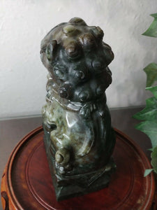 7in/177.8mm H- Chinese Vintage Genuine Natural Spinach Green Jade HandCarved Lion Statue