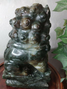 7in/177.8mm H- Chinese Vintage Genuine Natural Spinach Green Jade HandCarved Lion Statue