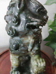 7in/177.8mm H- Chinese Vintage Genuine Natural Spinach Green Jade HandCarved Lion Statue