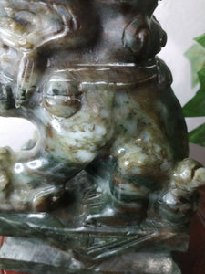 7in/177.8mm H- Chinese Vintage Genuine Natural Spinach Green Jade HandCarved Lion Statue