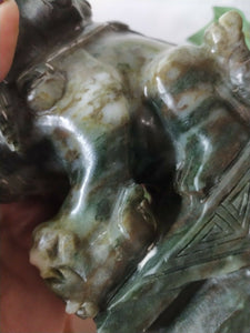 7in/177.8mm H- Chinese Vintage Genuine Natural Spinach Green Jade HandCarved Lion Statue