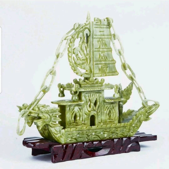 9.45in/240mm H- Chinese Genuine Natural Green Jade HandCarved Dragon Boat Statue