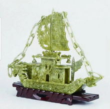 Load image into Gallery viewer, 9.45in/240mm H- Chinese Genuine Natural Green Jade HandCarved Dragon Boat Statue