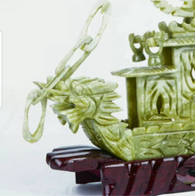 Load image into Gallery viewer, 9.45in/240mm H- Chinese Genuine Natural Green Jade HandCarved Dragon Boat Statue