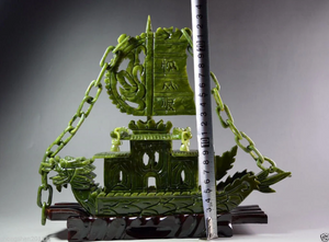 9.45in/240mm H- Chinese Genuine Natural Green Jade HandCarved Dragon Boat Statue