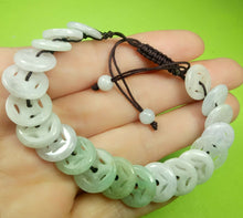 Load image into Gallery viewer, 10% OFF- 54-63mm Certified Natural White Light Green Jadeite Emerald A*Jade Hand-Knitting Lucky Coins Adjustable Bracelet《Grade A》A9641