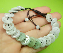 Load image into Gallery viewer, 10% OFF- 54-63mm Certified Natural White Light Green Jadeite Emerald A*Jade Hand-Knitting Lucky Coins Adjustable Bracelet《Grade A》A9641