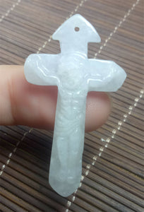 10% OF- Certified Natural Icy Jadeite Emerald A*Jade Handcarved Jesus/Christ Cross Pendant A4959