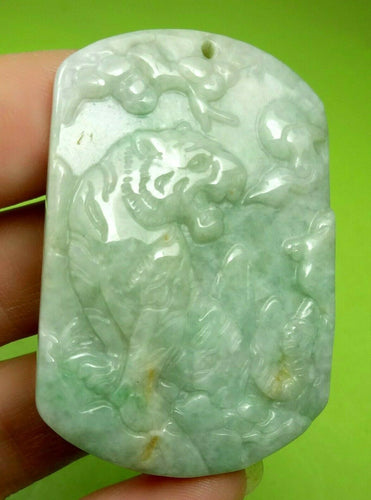 10% OF- Certified Natural Icy Jadeite Emerald A*Jade Handcarved Lucky Tiger Pendant A5978