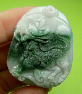 10% OF- Certified Natural Icy Jadeite Emerald A*Jade Handcarved Lucky Kylin Pendant A5972