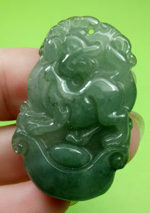 10% OF- Certified Natural Oily Green Jadeite Emerald A*Jade Handcarved Lucky Dog YuanBao Pendant A9611