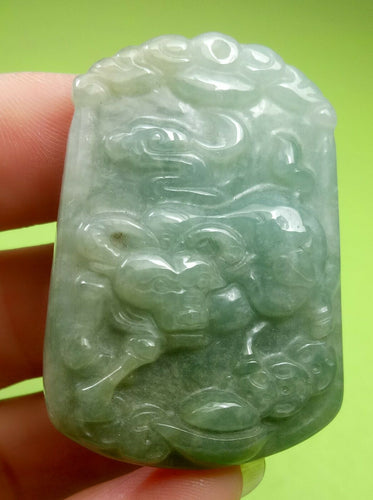 10% OF- Certified Natural Icy Jadeite Emerald A*Jade Handcarved Lucky Ox Cow Ruyi Coin Pendant A5949