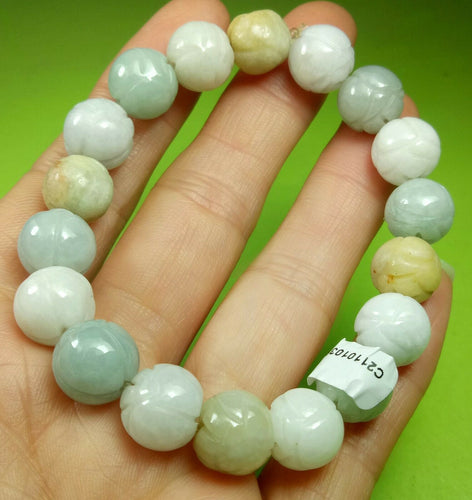 10% OF- 50-63mm Certified Natural Lavender Multi-Color Jadeite Emerald Jade Carved 11MM Lotus Beads Stretchy-Bracelet《Grade A》C3650