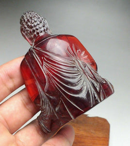 3.75''H- Chinese Natural Antique Exquisite GEOMANTIC AMBER Handcarved Sculpture Blessing Buddha Statue