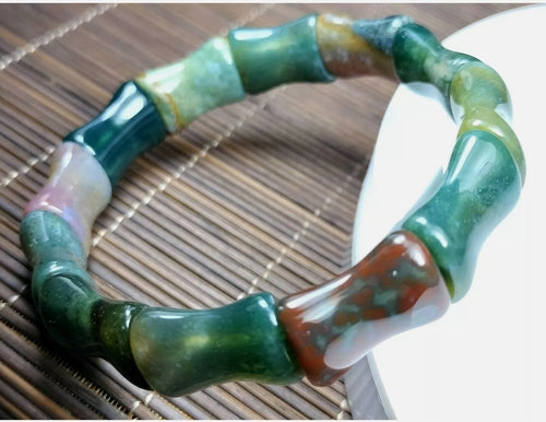 10% OF- 50-63mm Certified Natural Multi-Color Jadeite Emerald Jade Carved Lucky Bamboo Beads Stretchy-Bracelet《Grade A》A1095