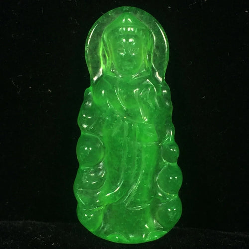 10% OF- Certified Natural Icy Jadeite Emerald A*Jade Handcarved Lucky Blessing Guanyin Pendant 001