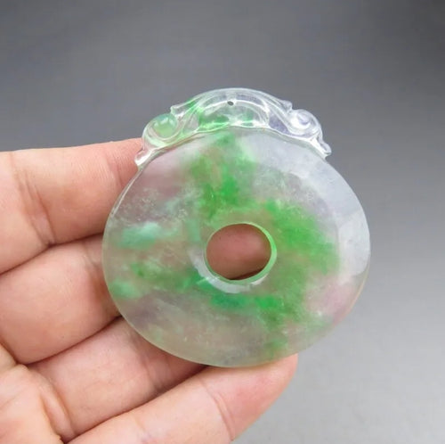 10% OF- Certified Natural Icy Jadeite Emerald A*Jade Handcarved Lucky Blessing Choi Donut Pendant A503