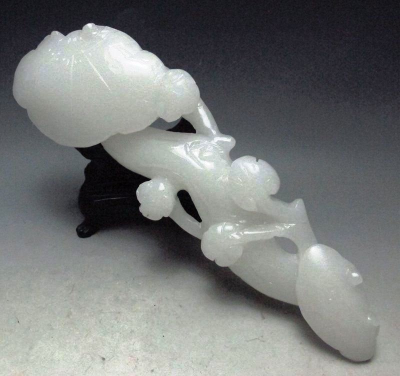 10''Height-Chinese Genuine Natural White Jade Hand-Carved Lingzhi & Ruyi Statue (Large)