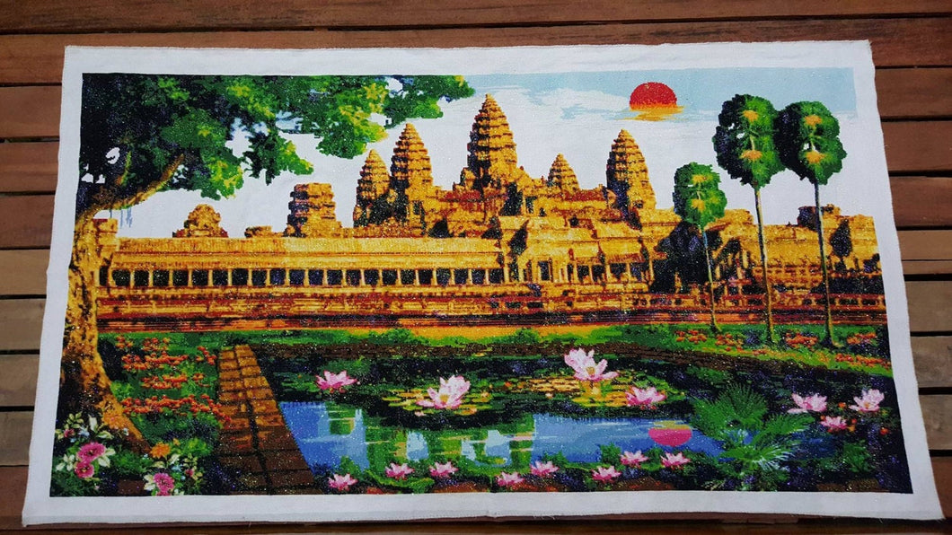 10% OFF on Sales- 64.96'' L-Genuine Trussence Cross Stitch Handmade Angkor Wat Temple Painting (165 cm x 95 cm)