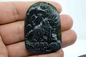 Certified Natural Black-Green Hetain Jade HandCarved Tiger Pendant