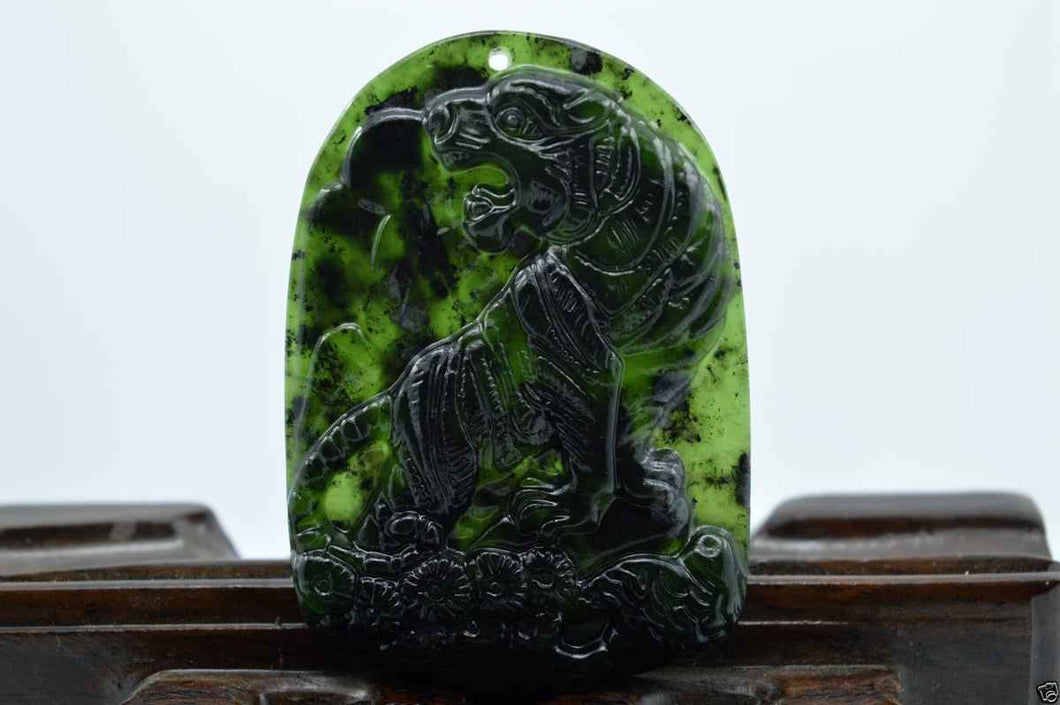 Certified Natural Black-Green Hetain Jade HandCarved Tiger Pendant